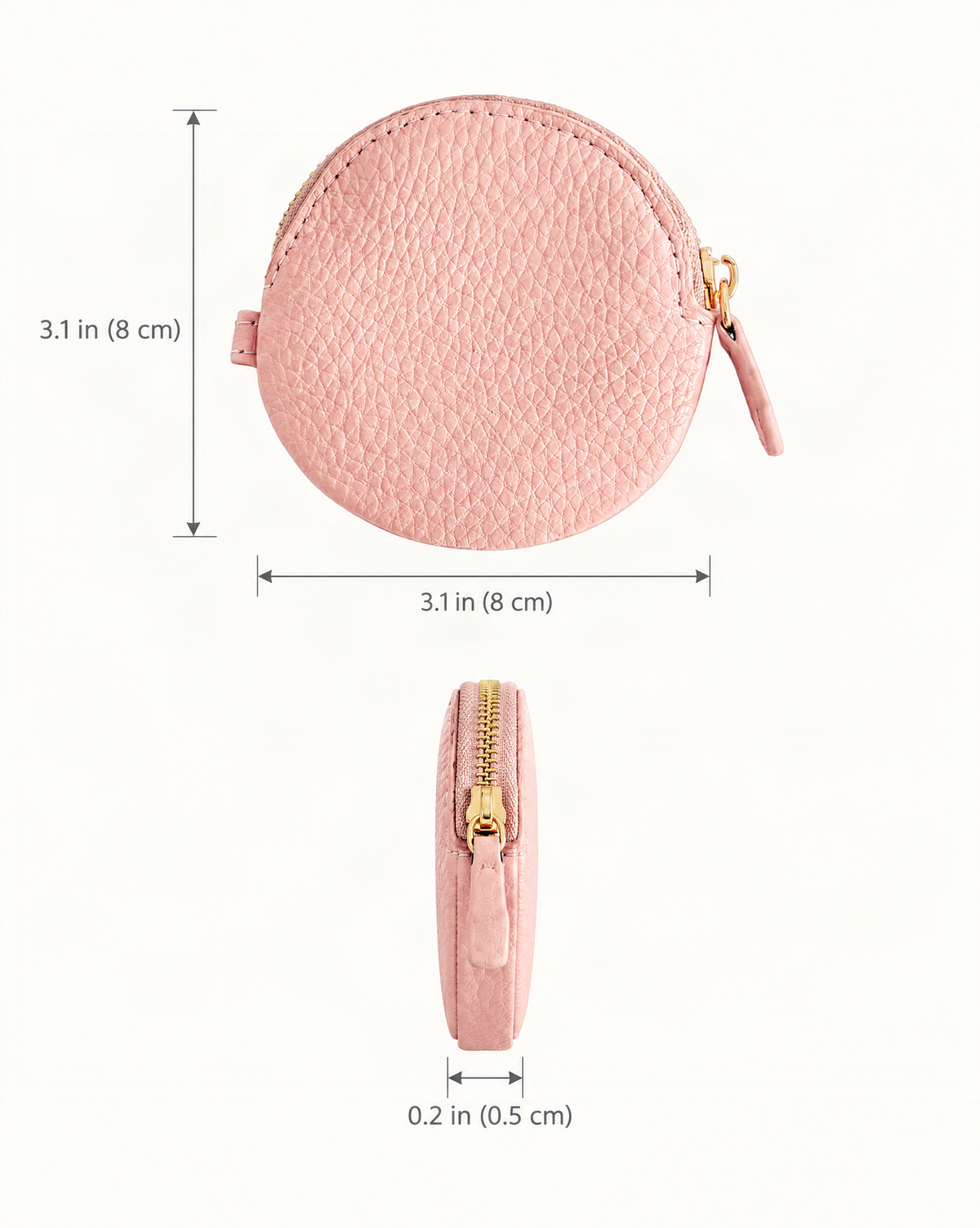 Cowhide Leather Mini Round Zip Pouch dimensions diagram, in inches and centimetres