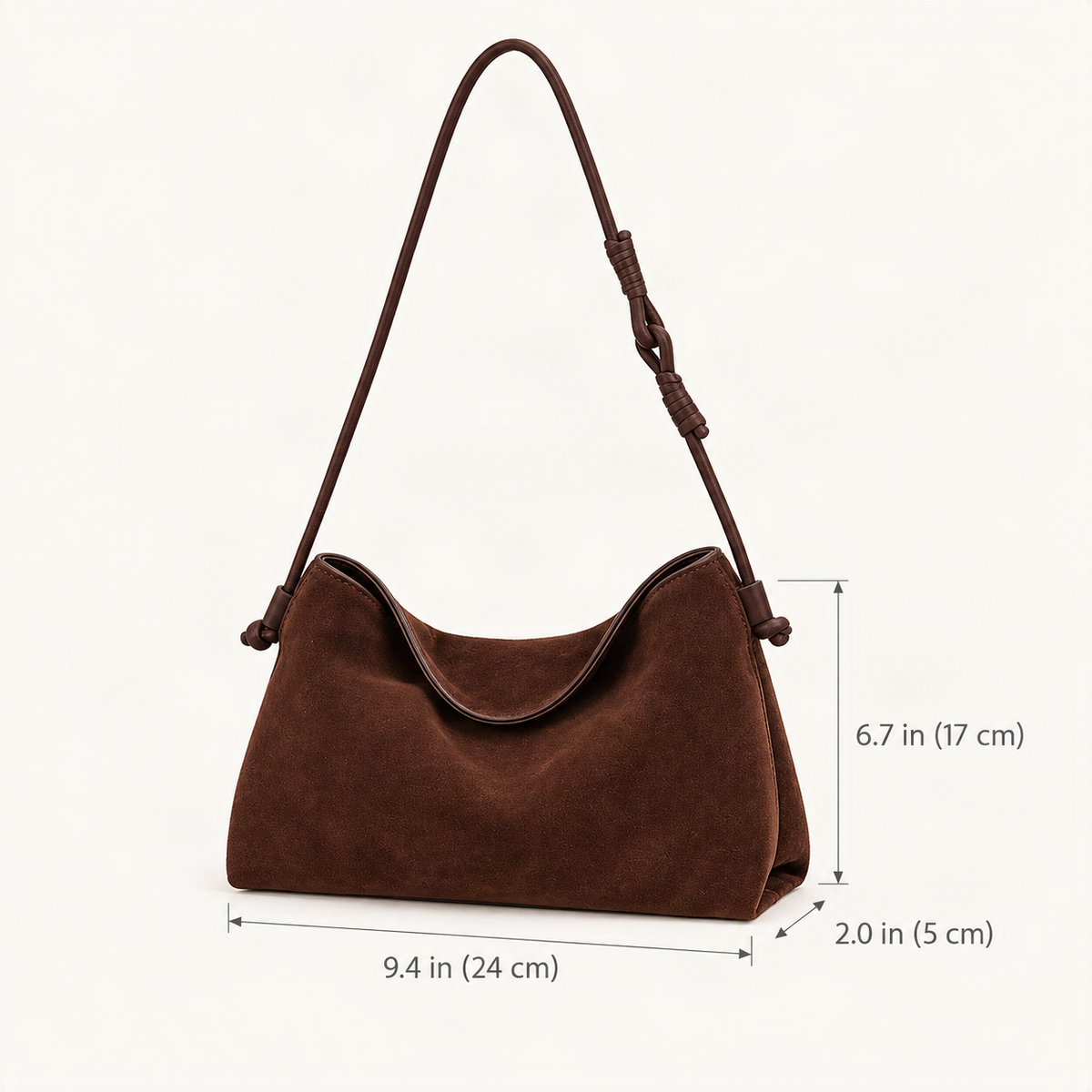 Suede Cowhide Shoulder Crossbody Bag dimensions diagram, in inches and centimetres