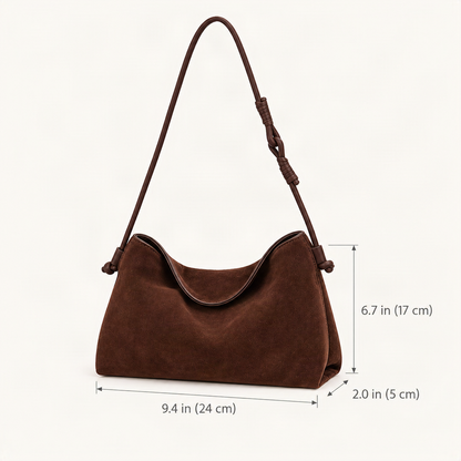 Suede Cowhide Shoulder Crossbody Bag dimensions diagram, in inches and centimetres