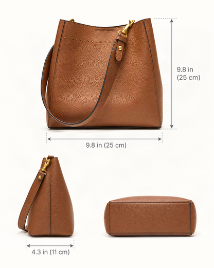 Cowhide Leather Small Bucket Tote Bag dimensions diagram, in inches and centimetres