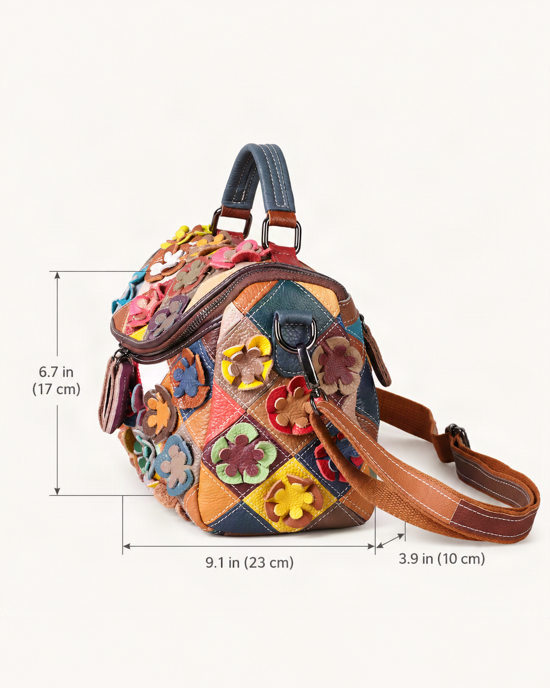 Top-Grain Cowhide Small Crossbody Bag dimensions diagram, in inches and centimetres