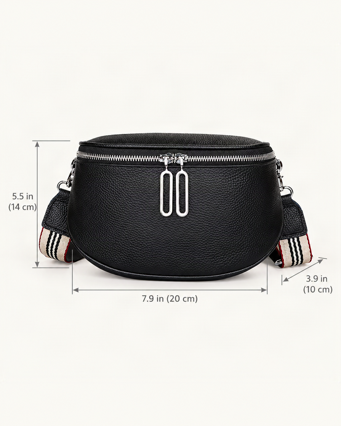 Cowhide Mini Crossbody Bag dimensions diagram, in inches and centimetres