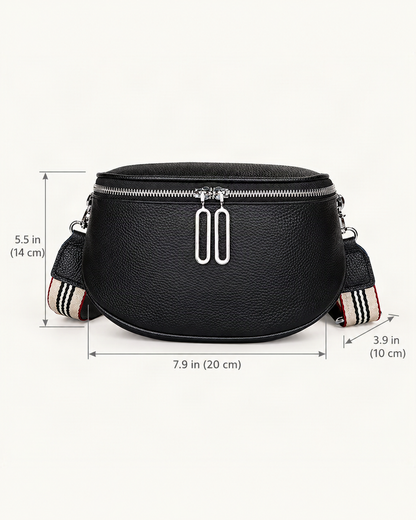 Cowhide Mini Crossbody Bag dimensions diagram, in inches and centimetres