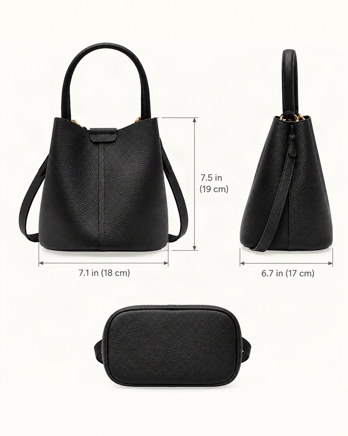 Top-Grain Cowhide Mini Bucket Bag dimensions diagram, in inches and centimetres