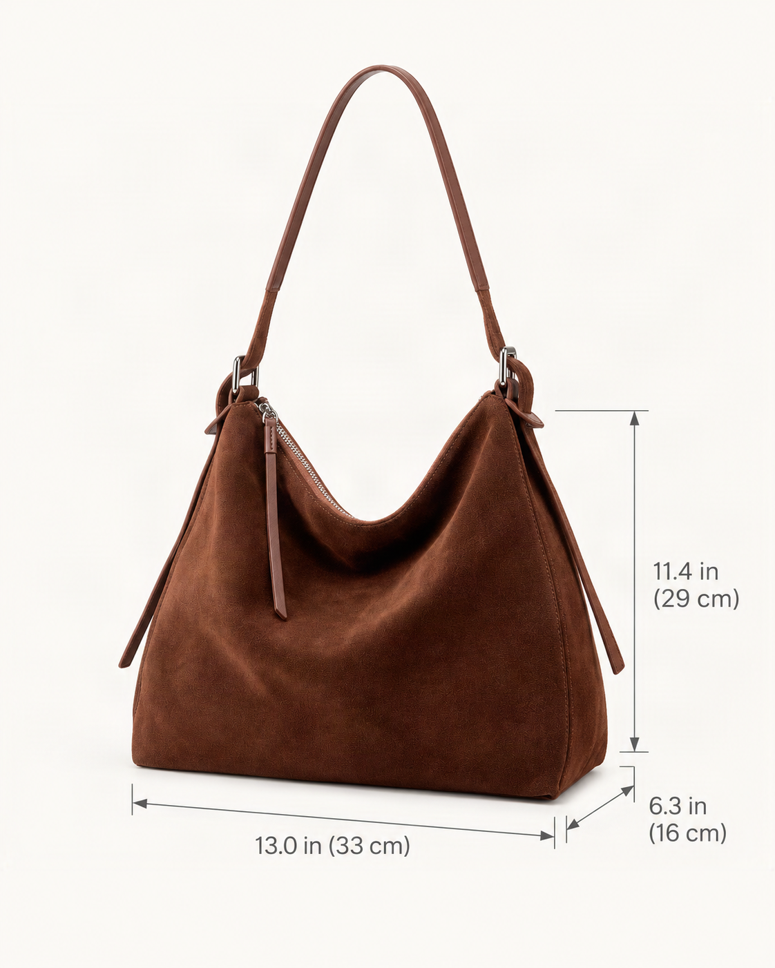 Suede Cowhide Small Plus Shoulder Tote Bag dimensions diagram, in inches and centimetres