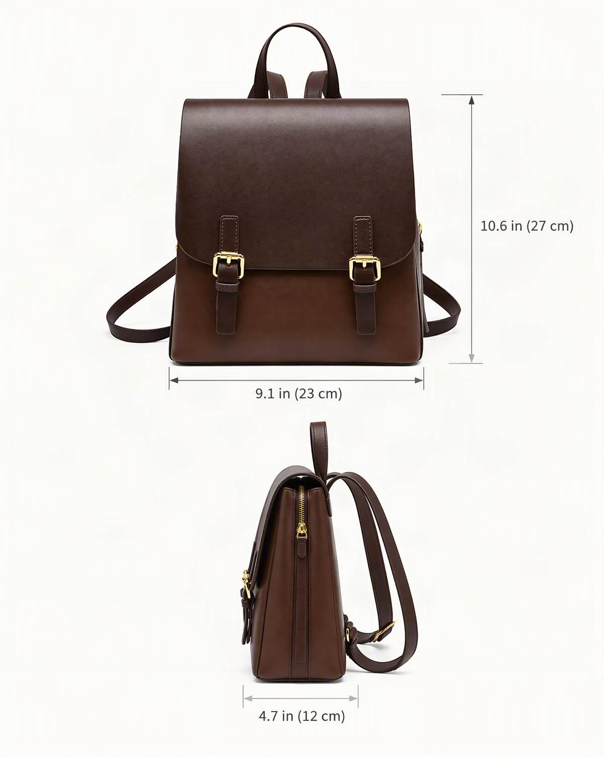 Cowhide Leather Backpack with Magnetic Flap dimensions diagram, in inches and centimetres