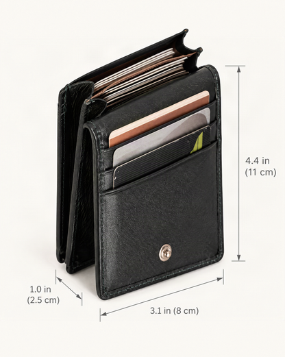 Genuine Leather RFID-Blocking Card Holder Wallet dimensions diagram, in inches and centimetres