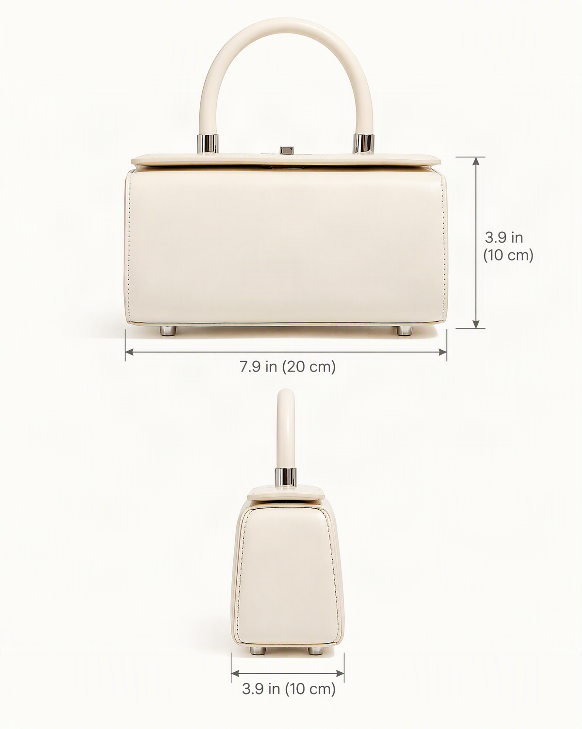 Cowhide Leather Box Handbag dimensions diagram, in inches and centimetres