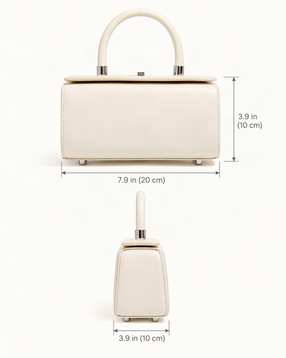 Cowhide Leather Box Handbag dimensions diagram, in inches and centimetres