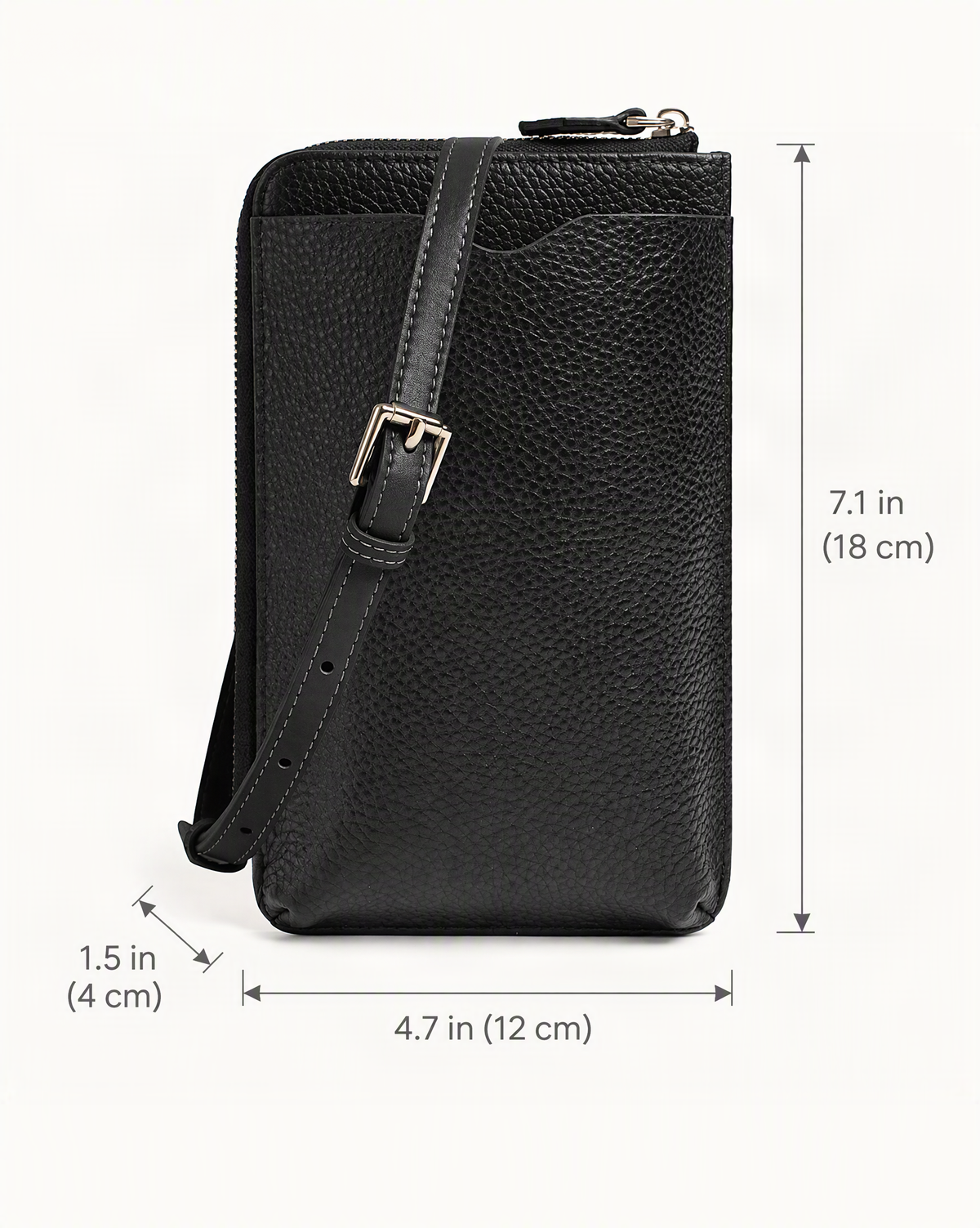 Cowhide Leather Vertical Phone Crossbody Bag dimensions diagram, in inches and centimetres