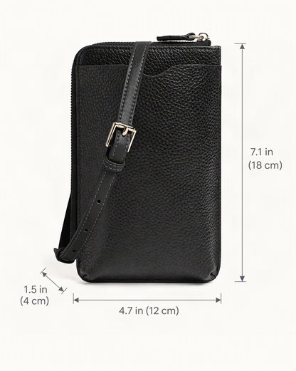 Cowhide Leather Vertical Phone Crossbody Bag dimensions diagram, in inches and centimetres