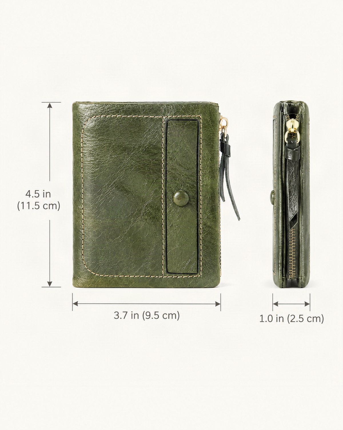 Top-Grain Cowhide Vintage Vertical Short Wallet dimensions diagram, in inches and centimetres
