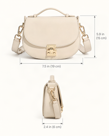Cowhide Leather Mini Saddle Crossbody Bag with Push Lock dimensions diagram, in inches and centimetres