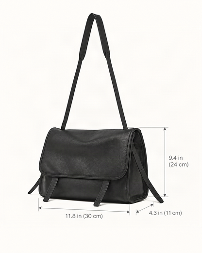 Cowhide Leather Messenger Crossbody Bag dimensions diagram, in inches and centimetres
