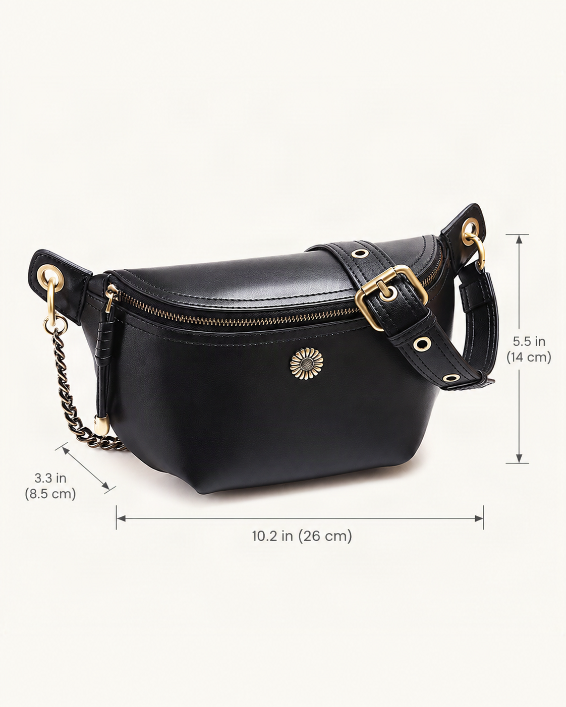 Split Leather Crossbody Belt Bag dimensions diagram, in inches and centimetres