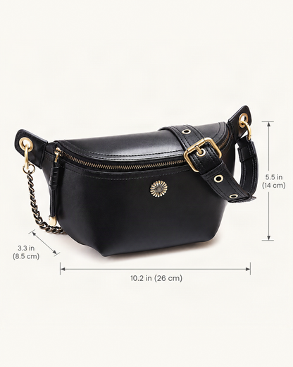 Split Leather Crossbody Belt Bag dimensions diagram, in inches and centimetres