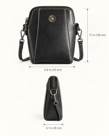 Cowhide Leather Micro Crossbody Phone Bag with Zip Closure dimensions diagram, in inches and centimetres