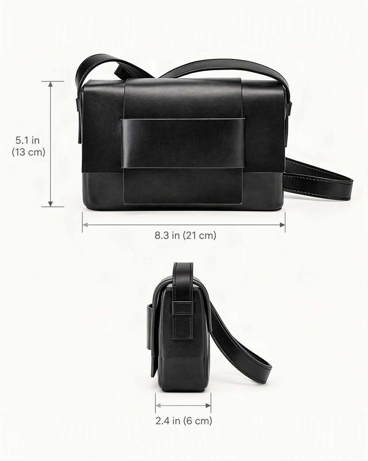 Cowhide Leather Mini Crossbody Bag with Bow Detail dimensions diagram, in inches and centimetres