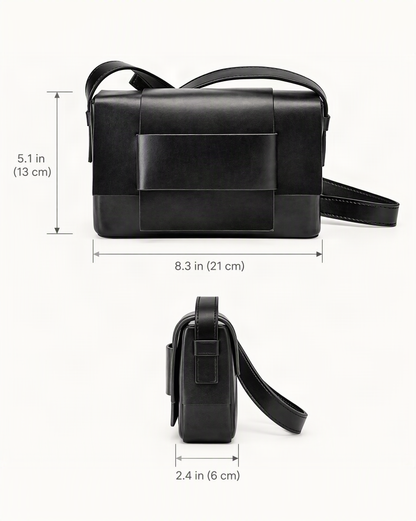 Cowhide Leather Mini Crossbody Bag with Bow Detail dimensions diagram, in inches and centimetres