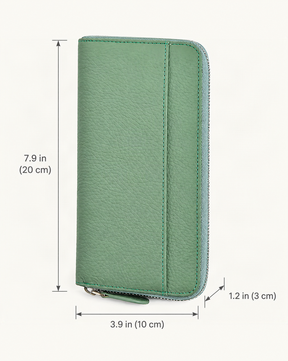 Leather Long Zip Clutch RFID Wallet dimensions diagram, in inches and centimetres