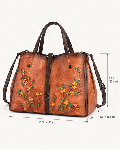 Cowhide Small Tote Bag dimensions diagram, in inches and centimetres