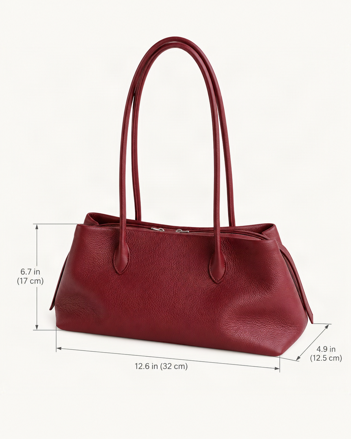 Top-Grain Cowhide Shoulder Tote dimensions diagram, in inches and centimetres