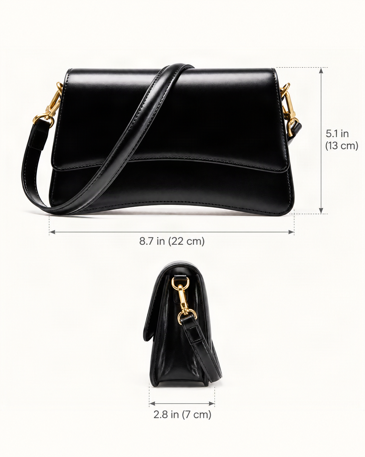 Cowhide Leather Small Shoulder Bag with Flap Closure dimensions diagram, in inches and centimetres