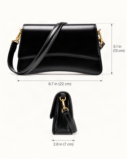 Cowhide Leather Small Shoulder Bag with Flap Closure dimensions diagram, in inches and centimetres