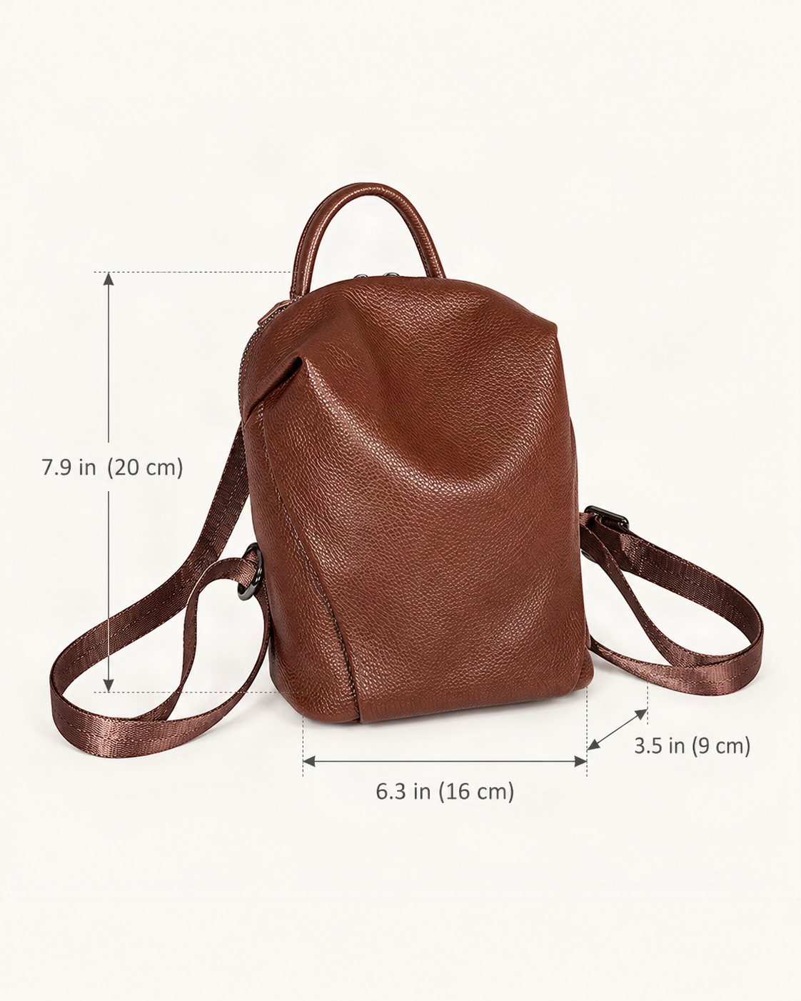 Top-Grain Cowhide Mini Backpack dimensions diagram, in inches and centimetres