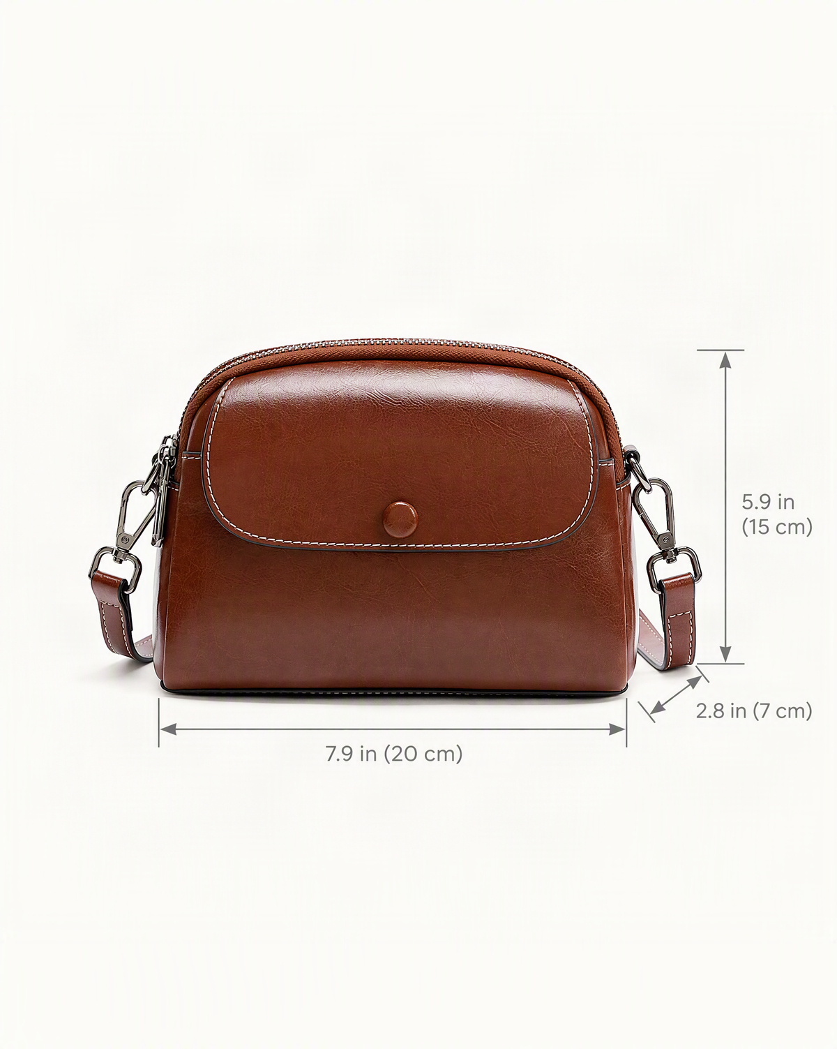 Cowhide Mini Crossbody Bag with Snap Flap, Oil-Waxed Leather dimensions diagram, in inches and centimetres