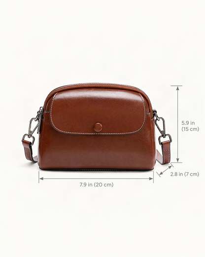 Cowhide Mini Crossbody Bag with Snap Flap, Oil-Waxed Leather dimensions diagram, in inches and centimetres