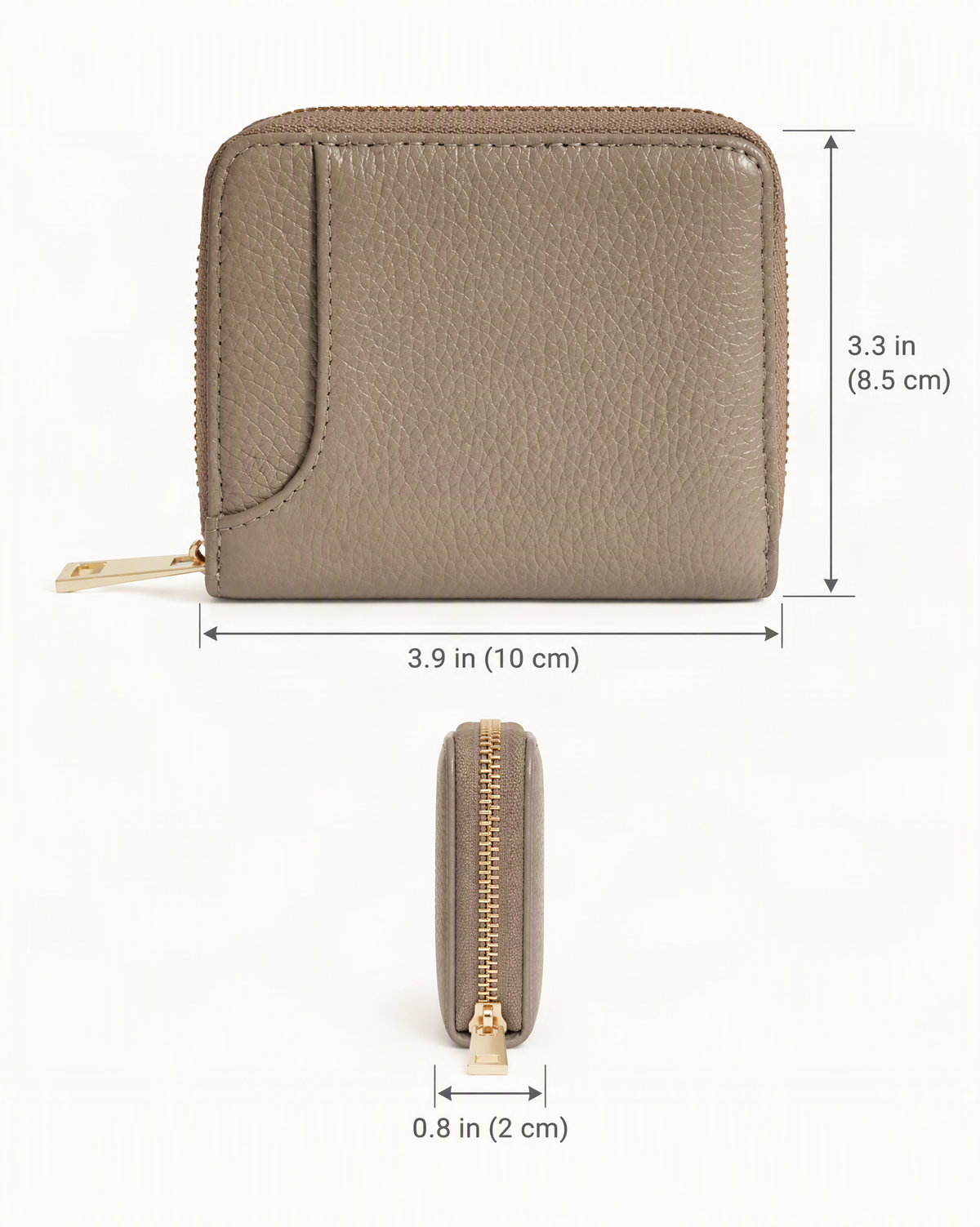 RFID-Blocking Pebbled Cowhide Wallet & Key Holder dimensions diagram, in inches and centimetres