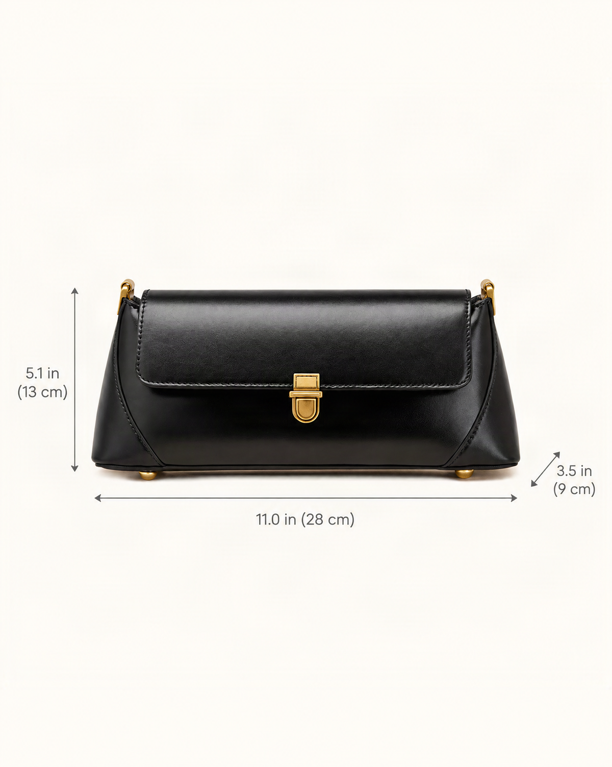 Cowhide Leather Baguette Shoulder Bag dimensions diagram, in inches and centimetres