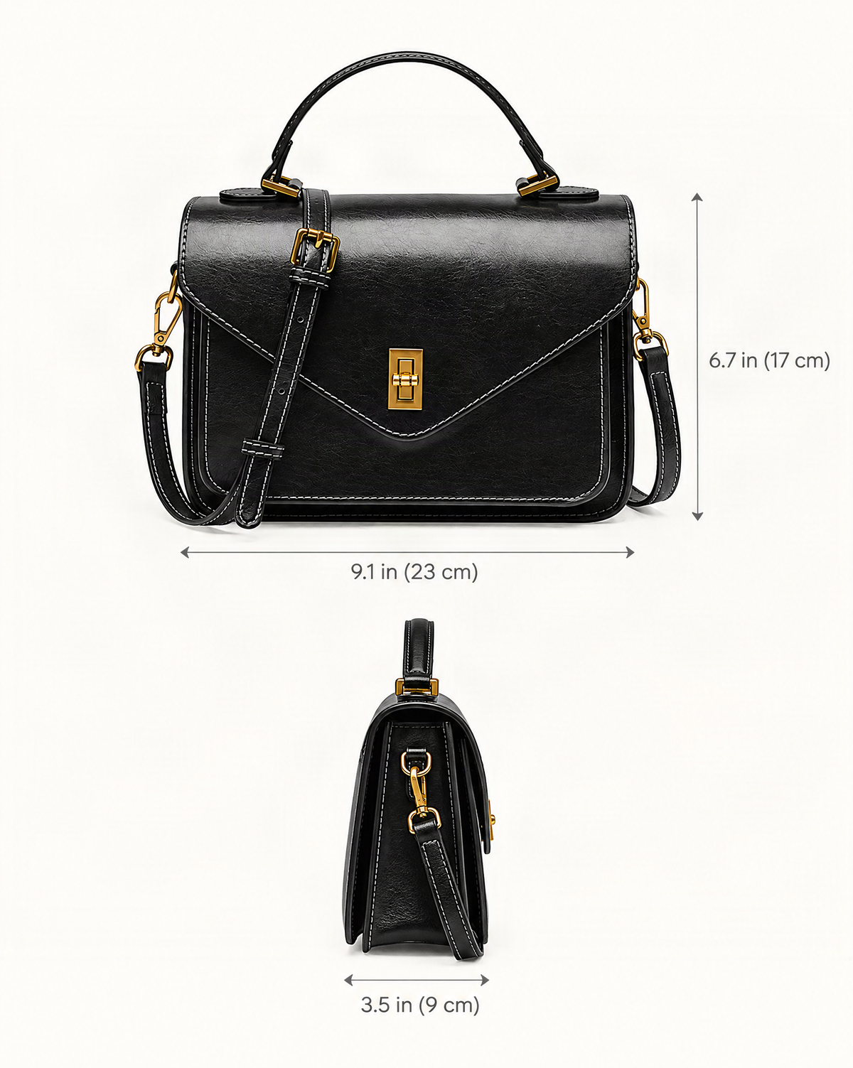 Cowhide Leather Small Messenger Crossbody Bag dimensions diagram, in inches and centimetres