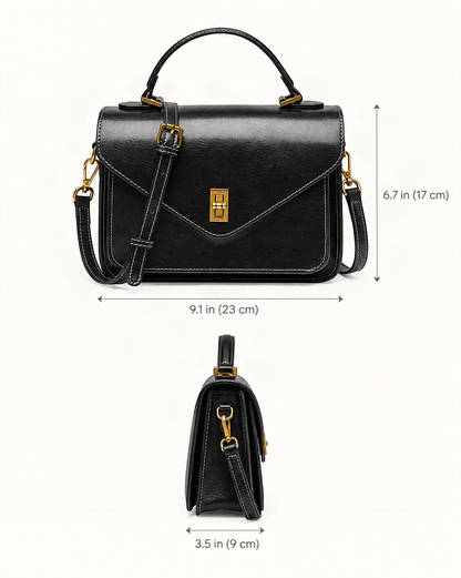Cowhide Leather Small Messenger Crossbody Bag dimensions diagram, in inches and centimetres