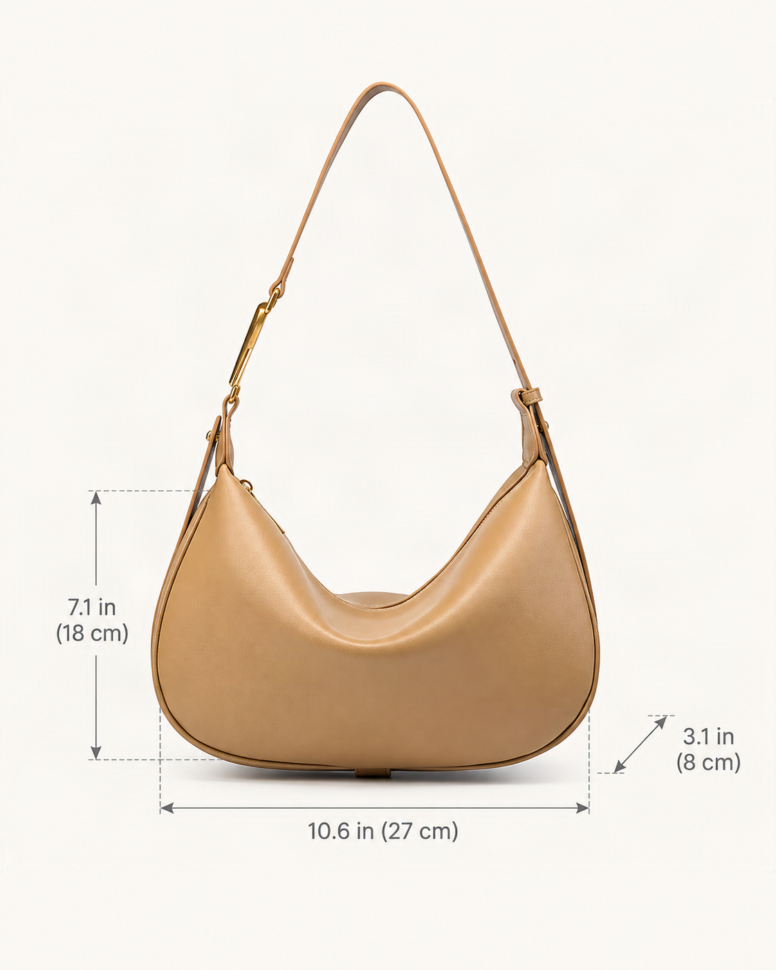 Cowhide Crescent Underarm Bag with X Buckle dimensions diagram, in inches and centimetres