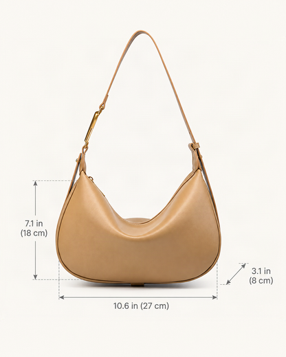 Cowhide Crescent Underarm Bag with X Buckle dimensions diagram, in inches and centimetres