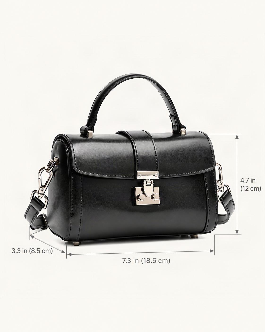 Cowhide Leather Mini Box Crossbody Bag with Lock Clasp dimensions diagram, in inches and centimetres