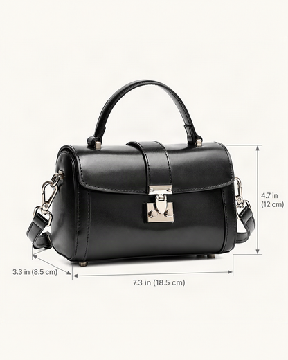 Cowhide Leather Mini Box Crossbody Bag with Lock Clasp dimensions diagram, in inches and centimetres