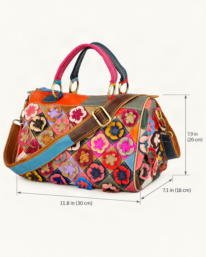 Top-Grain Cowhide Small Plus Boston Crossbody Bag dimensions diagram, in inches and centimetres