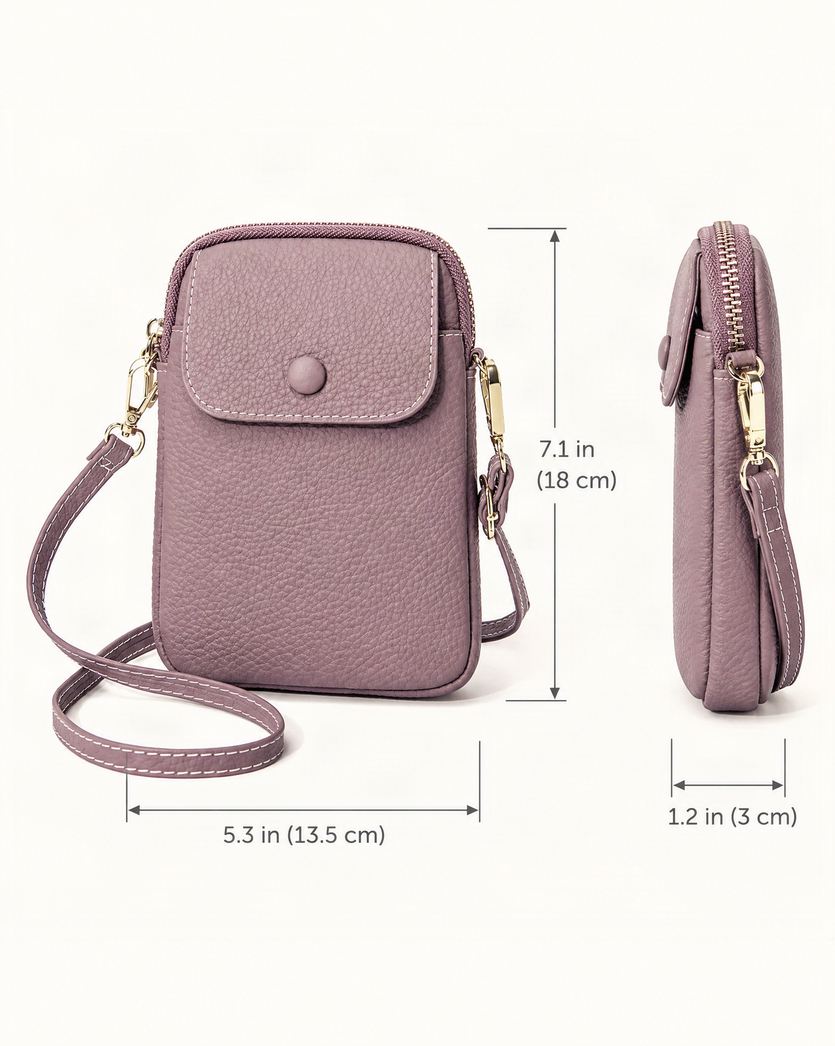 Top-Grain Cowhide Leather Micro Crossbody Phone Bag dimensions diagram, in inches and centimetres