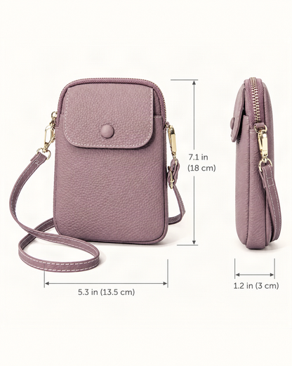 Top-Grain Cowhide Leather Micro Crossbody Phone Bag dimensions diagram, in inches and centimetres
