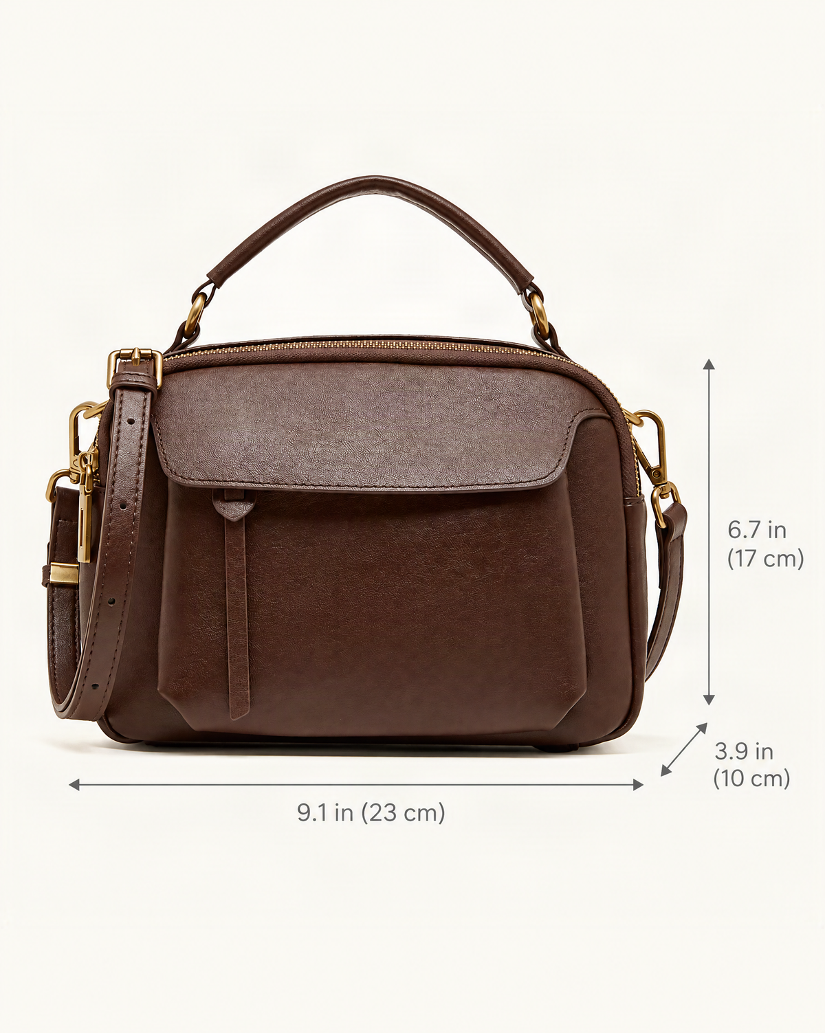 Top-Grain Cowhide Boston Crossbody Bag dimensions diagram, in inches and centimetres