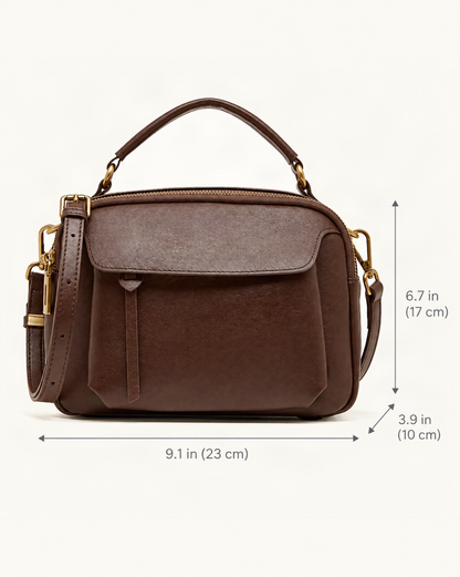 Top-Grain Cowhide Boston Crossbody Bag dimensions diagram, in inches and centimetres