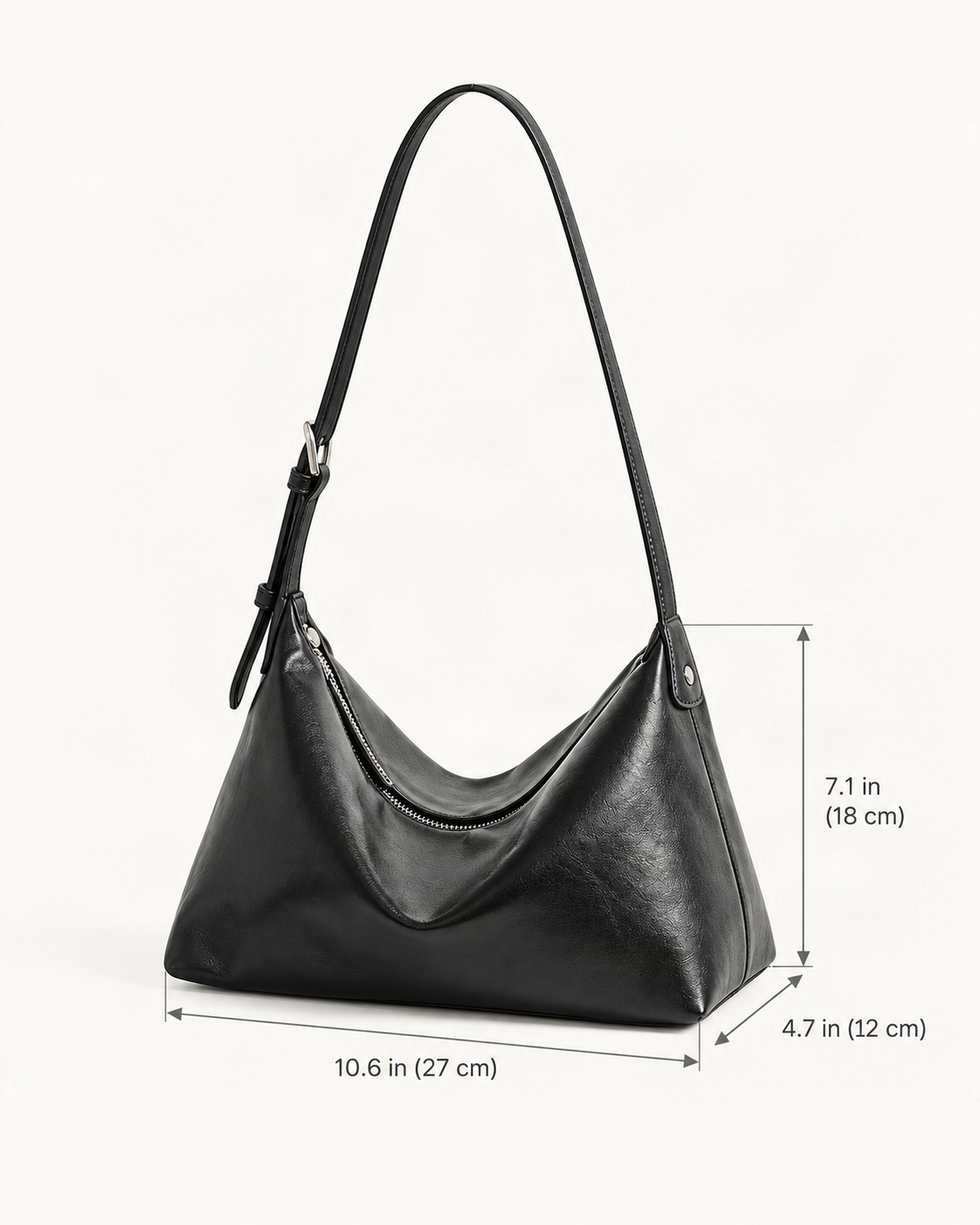 Top-Grain Cowhide Hobo Shoulder Bag – Color Options dimensions diagram, in inches and centimetres