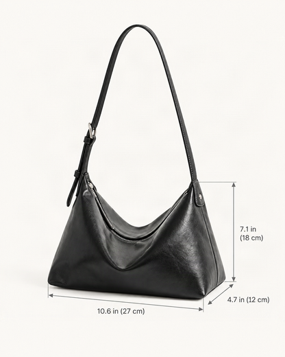 Top-Grain Cowhide Hobo Shoulder Bag – Color Options dimensions diagram, in inches and centimetres