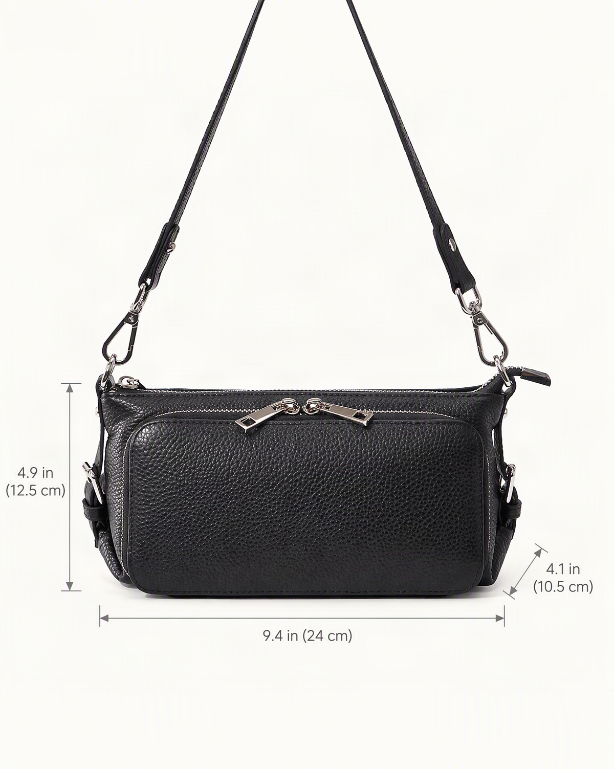 Top Grain Leather Crossbody Bag with 10 Card Slots dimensions diagram, in inches and centimetres