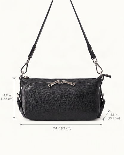Top Grain Leather Crossbody Bag with 10 Card Slots dimensions diagram, in inches and centimetres
