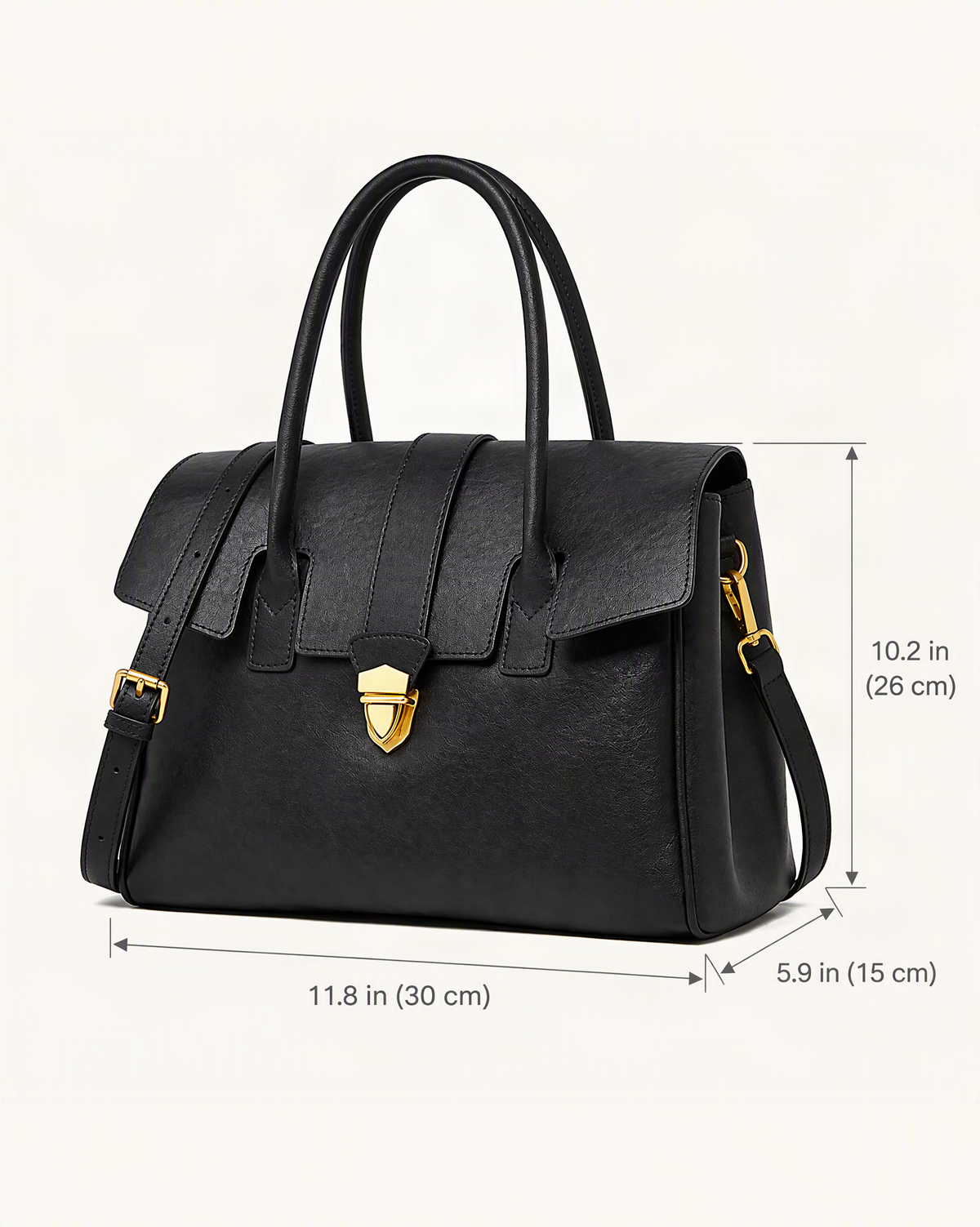 Top-Grain Cowhide Small Plus Satchel Bag dimensions diagram, in inches and centimetres