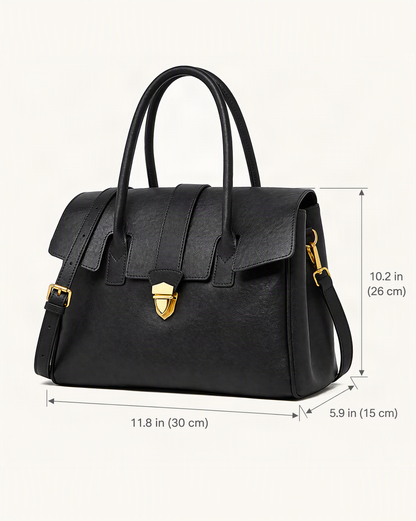 Top-Grain Cowhide Small Plus Satchel Bag dimensions diagram, in inches and centimetres
